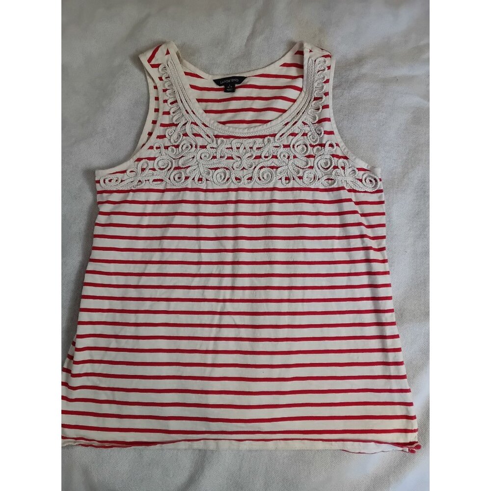 Lands End Stripe Sleeveless Top Crochet Detail Size Medium